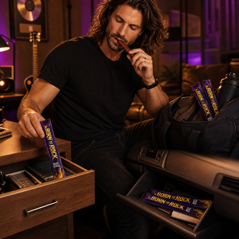Born to Rock beef sticks — b08 Desk Drawer, Gym Bag, Glovebox — Fuel Everywhere