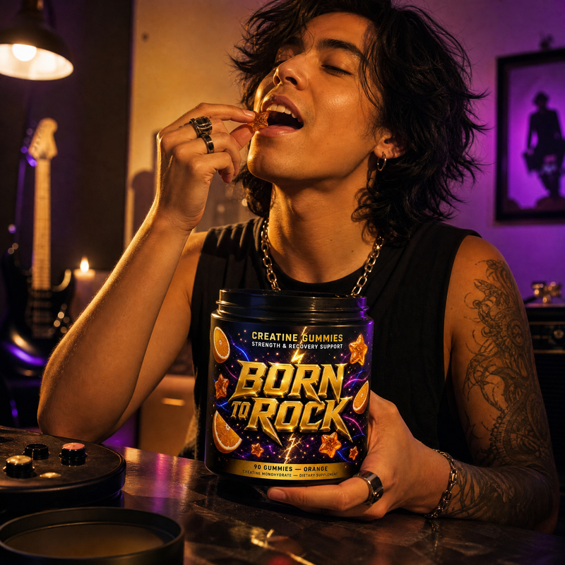 Born to Rock creatine gummies — b08 Vegan, Non-GMO, Gluten-Free — Zero Junk