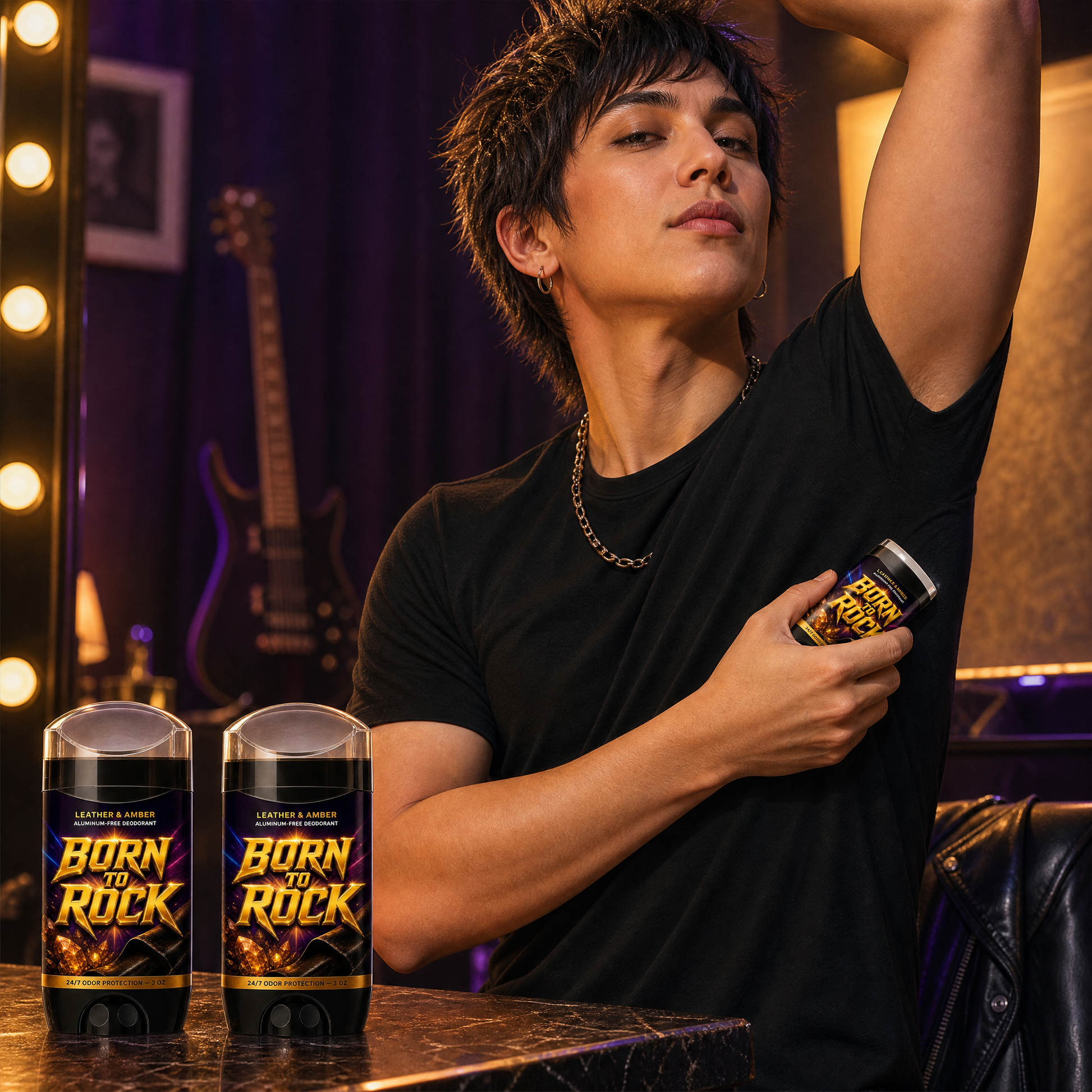 Born to Rock deodorant — b06 Goes On Clean — No White Marks on Black Shirts