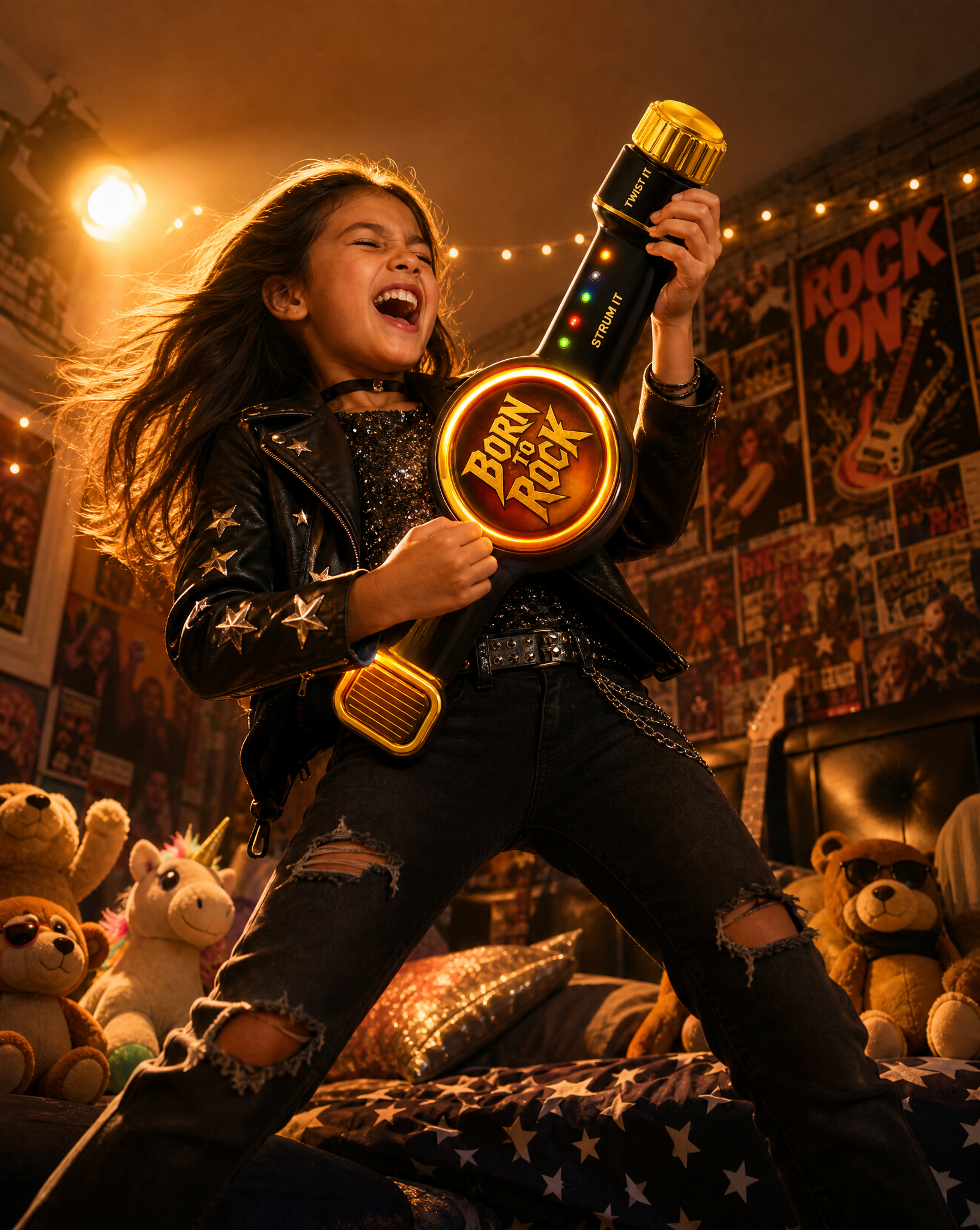 Girl rocking out with Strum It! Twist It! on her bedroom stage