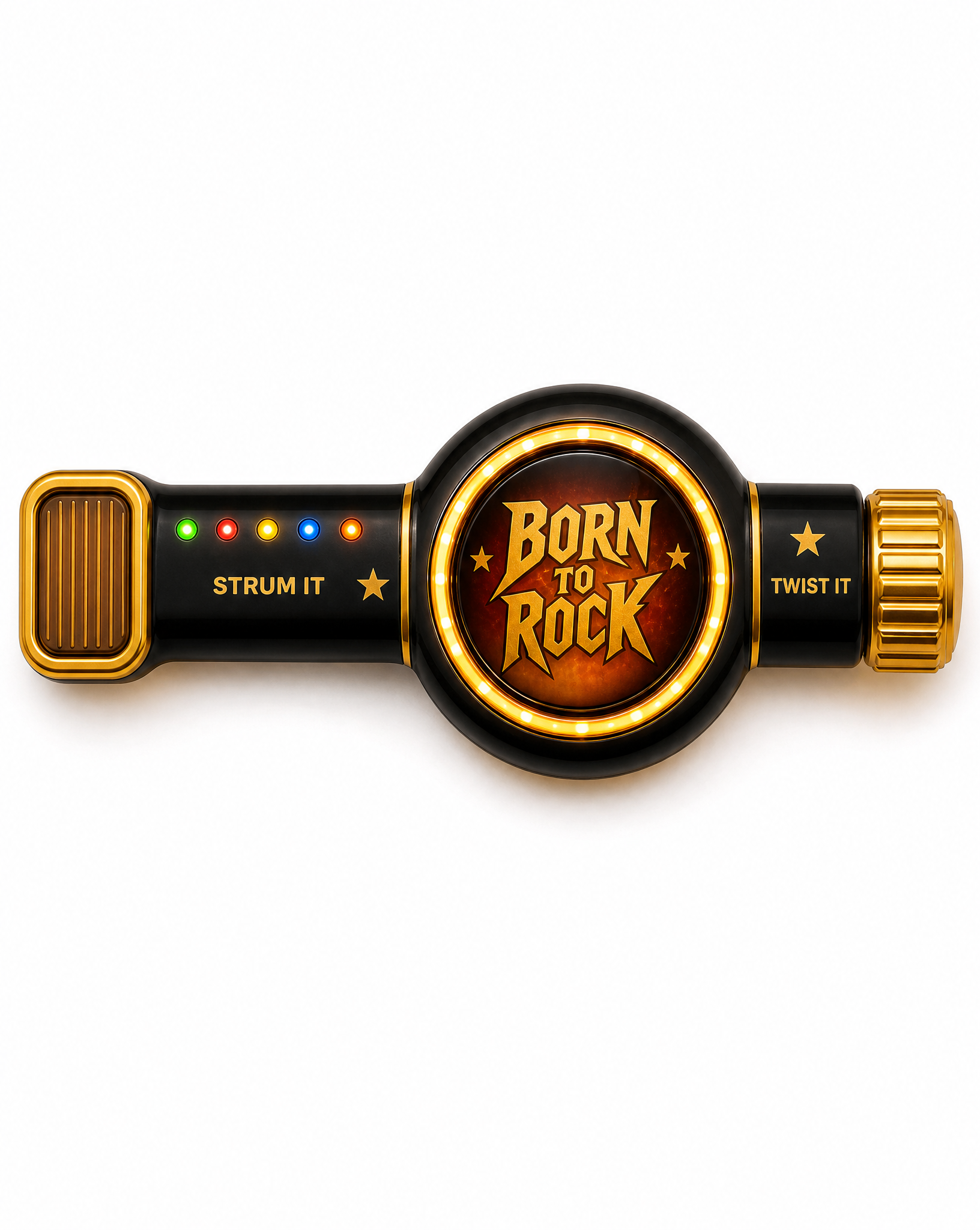 Top-down view of the sunburst face, strum paddle and twist knob