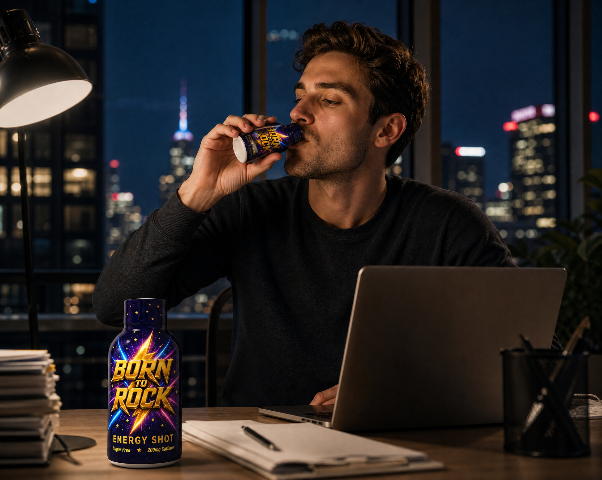Energy Shot late night desk lifestyle
